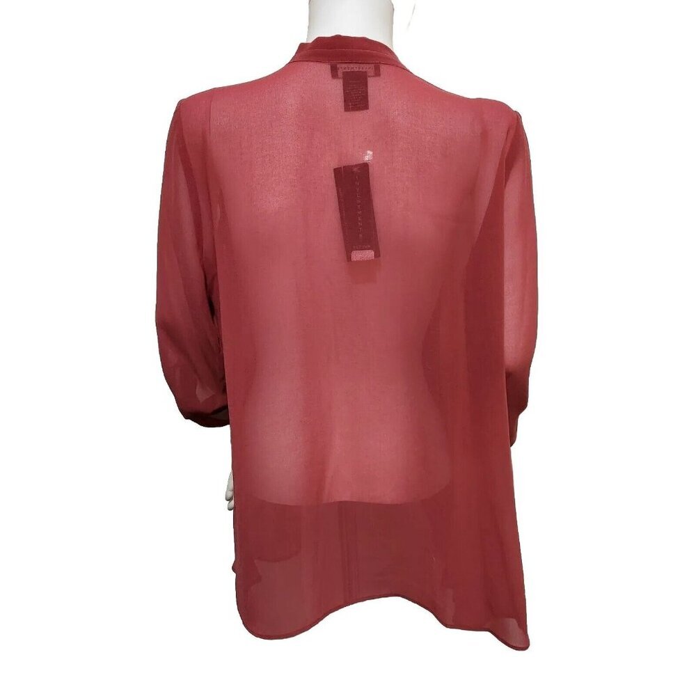 INVESTMENTS OPEN FRONT ROLL TAB SLEEVE CHIFFON TOP SIZE PETITES S EARTH RED ---7 - Picture 2 of 10